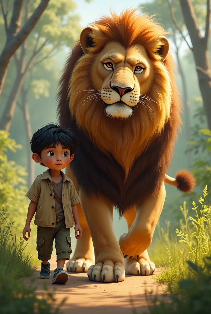 A small boy walking alongside a full grown lion