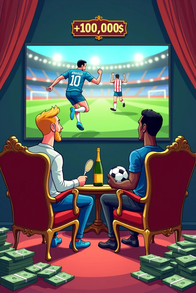 Créer une image pour le paris sportif . Il est censé y avoir deux homme sur la photo, un de race blanche et l autre de race noire. est' un porte une tenue de tennis et l autre porte une tenue de foot avec ecrit sur le maillot floqué RONALDO que dans le dos du maillot . Devrait-il porter une magnifique pièce d'argent. Dans la main gauche, il devrait avoir une raquette de tennis et l autre un ballon . sur l'image, vous devriez voir une tele avec du sport en arrière-plan , il devrait y avoir des liasses de billets partout dans la piece , il devrait y avoir des fauteuils de roi dont lequel sont assis les deux hommes rester, et le tout devrait être en dessin animé et bien mettre une personne de race blanche et l'autre de race noire. , La personne blanche est blonde sans barbe , les deux hommes sont vue de dos , au dessus de la tele il doit il y avoir marqué + 10000$ et un des deux hommes saute de joie et il doit aussi avoir du champagne sur la table
