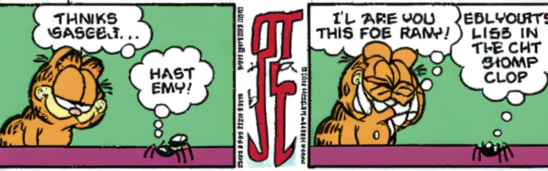 garfield killing a spider and he is shocked and looking at the fourth wall