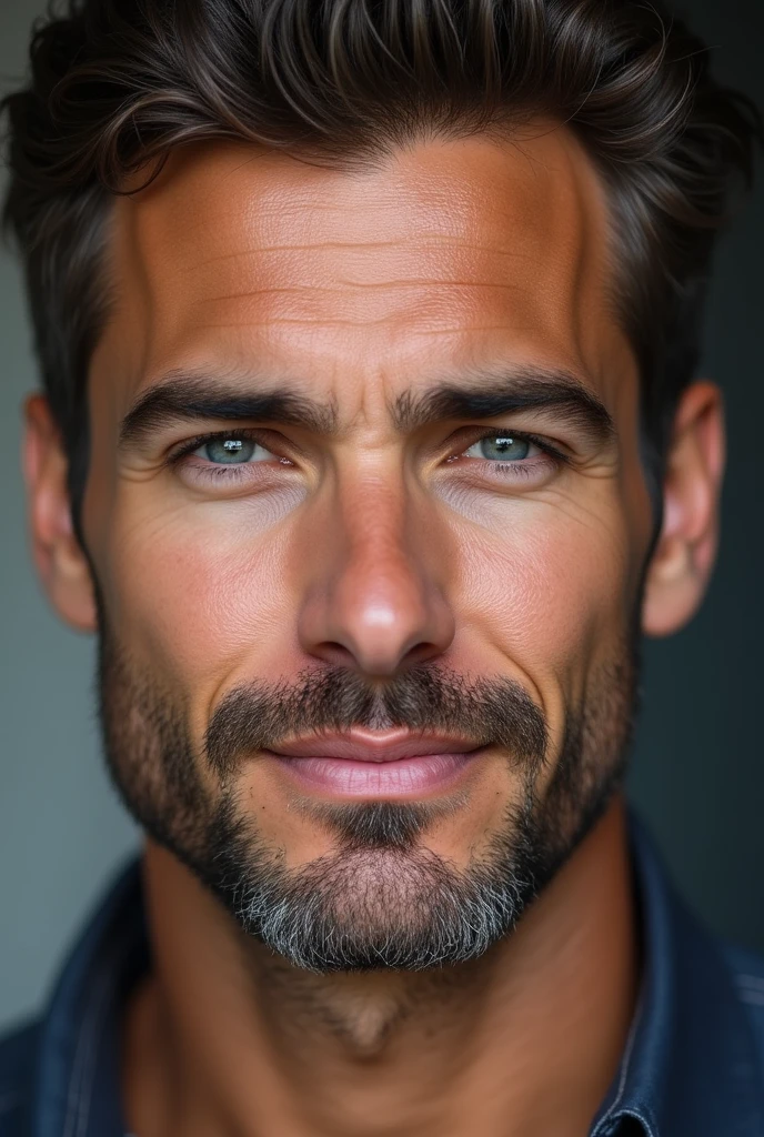 In a close-up, Alex Kane's striking features are even more captivating. His sharp jawline is perfectly complemented by a meticulously groomed beard that adds a touch of rugged charm to his otherwise polished appearance. His skin, sun-kissed and smooth, highlights his active lifestyle. The focus naturally falls on his piercing blue eyes, framed by dark, thick eyebrows that give his gaze a magnetic intensity. His slightly wavy dark brown hair, with a few distinguished silver strands, is styled with effortless precision. Every detail, from the subtle lines of his smile to the natural contour of his cheekbones, speaks of a man who exudes both confidence and depth. His face, with its perfect balance of strength and warmth, leaves an unforgettable impression.
