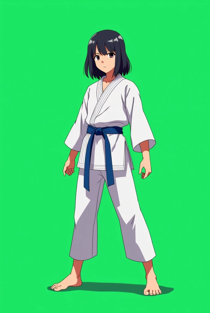 A karate teen girl in karate uniform in white dress and blue belt standing in straight Stance towards the screen and the background is green full screen size, in straight pose with straight arms and leg in anime style and arm strength towards down