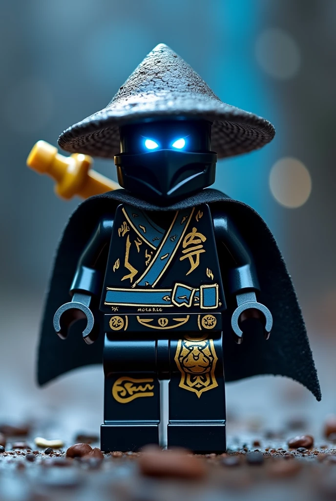 Créer moi un lego ninja go avec pas de muscles et ni de masque le premier maitre du spijisufuturiste de la dernière puissance fusionnaire et doit être en lego un ninja avec un chapeau de paille noir, avec un bandeaux noir cachant la bouche avec une cape noir derrière le dos sombre et avec une peau noir foncé noir sombre et un regard terrible avec des yeux en éclair bleu avec une puissance incroyable avec comme puissance élémentaire l’électrique, l’énergie, la terre, le feu, la glace. Les habits du ninja doit être tout noir avec des traces grise bleu foncé avec des reure en forme de force, d'électricité, de feu en or et des écritures japonaises et le parchemin antique du spinjisu interdit sacré le plus puissant en golden avec des symboles de lions sur le torse. Un ninja imbattable monstrueux beaucoup trop puissant qui contrôle tous les pouvoirs élémentaires. Le ninja doit être destructeur et soif de victoire un gentil et méchant avec un sabre et le parchemin du spinjisu interdit dans le dos