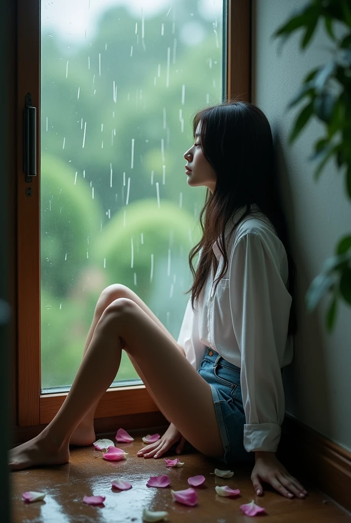 professional photo, a beautiful woman korean with long hair flowing down the front, wearing a white shirt with one button open, short jeans without shoes,
sitting with her back sideways against the wall, facing the windshield window with her hands resting on the window rim, her face slightly bowed looking sad, on the floor strewn with leaf stalks and scattered rose flower fragments, afternoon, rain outside the glass, in a room, quiet, bokeh effect, full HD, realistic, cinematic, photographic
