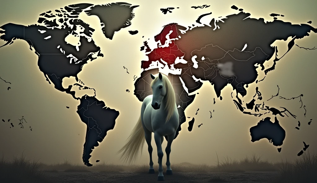 A world map showing spreading zones of conflict, famine, and disease, with the pale horse emerging from the center --ar 16:9