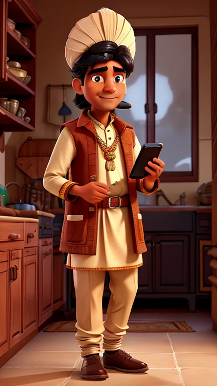 a man in traditional indian clothing talking on a mobile phone, in a kitchen, 4k, high quality, detailed, photorealistic, dramatic lighting, warm color tones, sharp focus, intricate details, extremely detailed face and eyes
