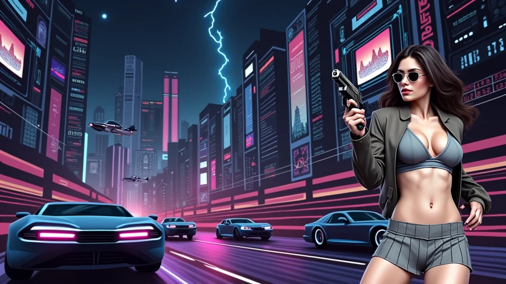 Futuristic cityscapes with colorful all-glass outlined towering skyscrapers with lightning, flying vehicle. High-resolution OLED GUI interfaces in the building, The windows are filled with transparent data visualization infographics that show it all, Egyptian fantasy arts, Egyptian statue, (Egyptian hieroglyphics). Colors are saturated and vibrant. At night, (1girl, solo, alone), photorealistic, large-breast slim:0.6 body, oval:0.5 face, cleavage:1.1, very low angle view of pleated miniskirt, deep-v, (upskirt), glove, (Matrix style black micro sunglasses), (aiming viewer with a short gun), dynamic running pose, (half-body thigh level close-up shot), cinematic lighting, ray tracing, motion blur background.