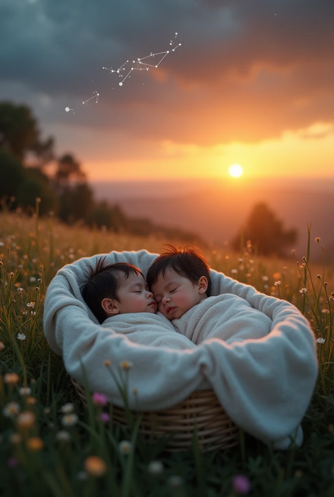 (masterpiece), (Highest quality), Realistic, RAW Photos, Realistic, Cinematic Light,Big Sunset、 Very beautiful twin baby girls, Sleeping in a cradle in the grass Both of them have black hair and black hair., White Cape, Under the Gemini Stars