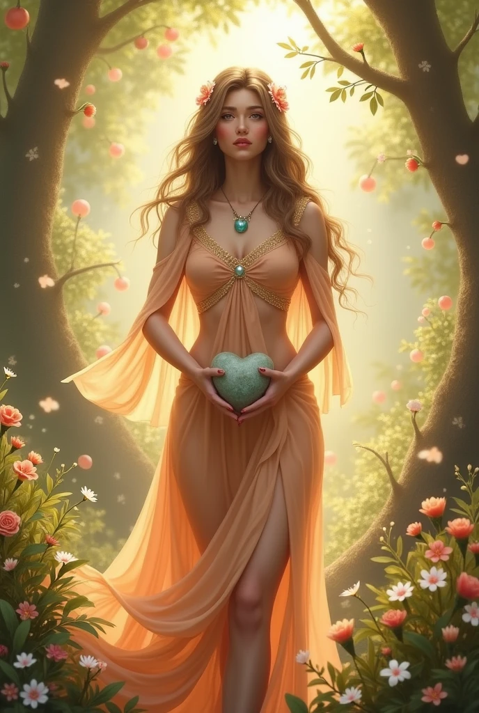 summer　goddess　Fantasy　Soft atmosphere　Holding a large heart-shaped stone　Upper Body　Look straight ahead　The whole body is facing forward