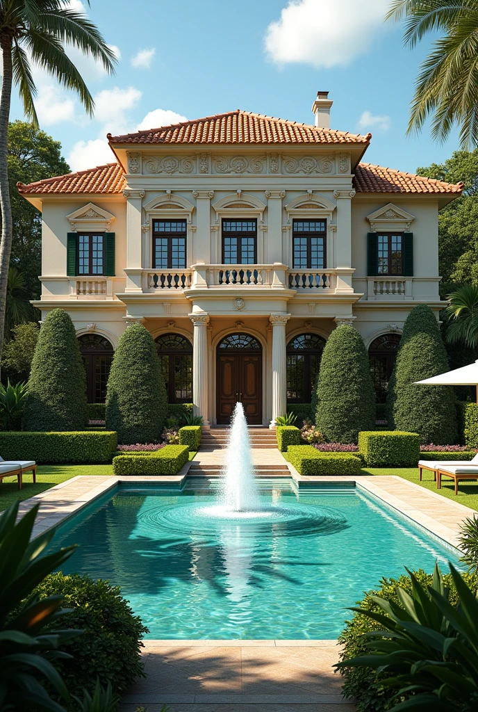A 600m² multi-million dollar mansion with a lush garden, classical and Brazilian architecture, A fountain, three floors, a sports court, a swimming pool and noble colors, cozily