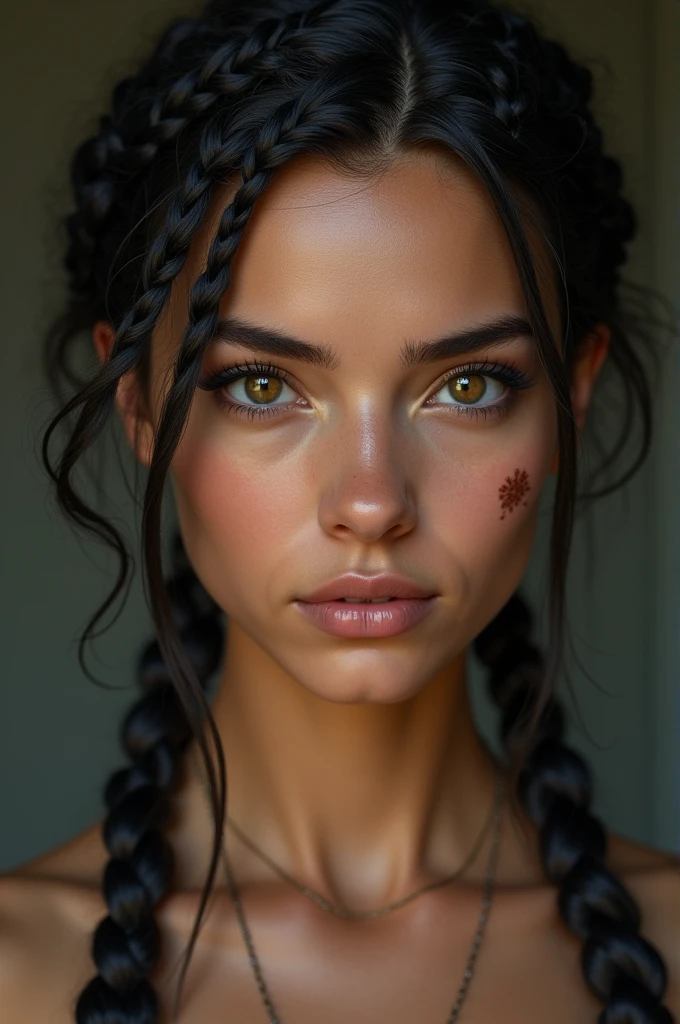 Woman, Caucasian skin, eyes browns, short black hair with some braids and a huge mole on her cheek.