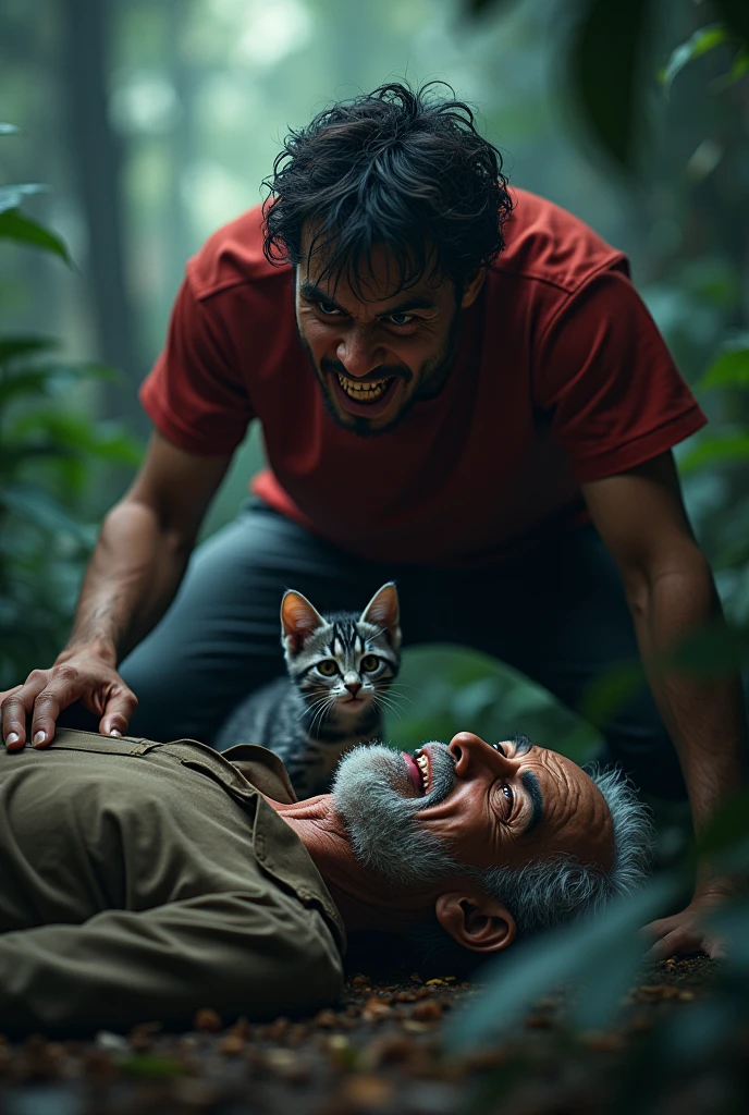 One day a young man with evil laugh in red t-shirts wants to kill and attack a poor old man with small French beard in Brown clothes lay down in the ground
and cute little blue kitten is crying in jungle ai image