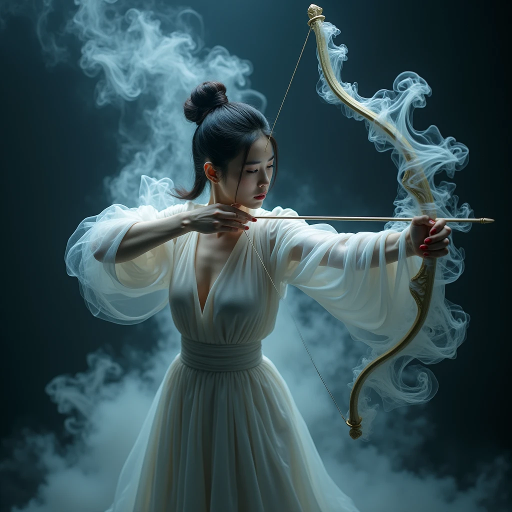 A picture made of smoke，Asian Beauty，Archer，Shooting stance，Art Photography