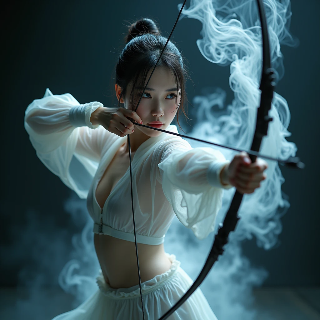 A picture made of smoke,Asian Beauty,Archer,Shooting stance,Art Photography
