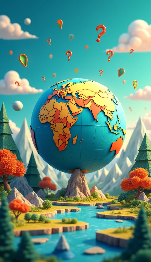 Create a vibrant and engaging image that symbolizes a geography quiz. The scene should include elements like a globe, a world map with prominent landmarks, a compass, and some geographical icons like mountains, rivers, and trees. Add a quiz element by incorporating question marks and a few scattered quiz cards or checkmarks around the image. Use bold, catchy colors like blue, green, and gold, with contrasting shades to make the image stand out. The overall design should be dynamic and energetic, drawing attention while clearly representing both geography and a quiz theme.