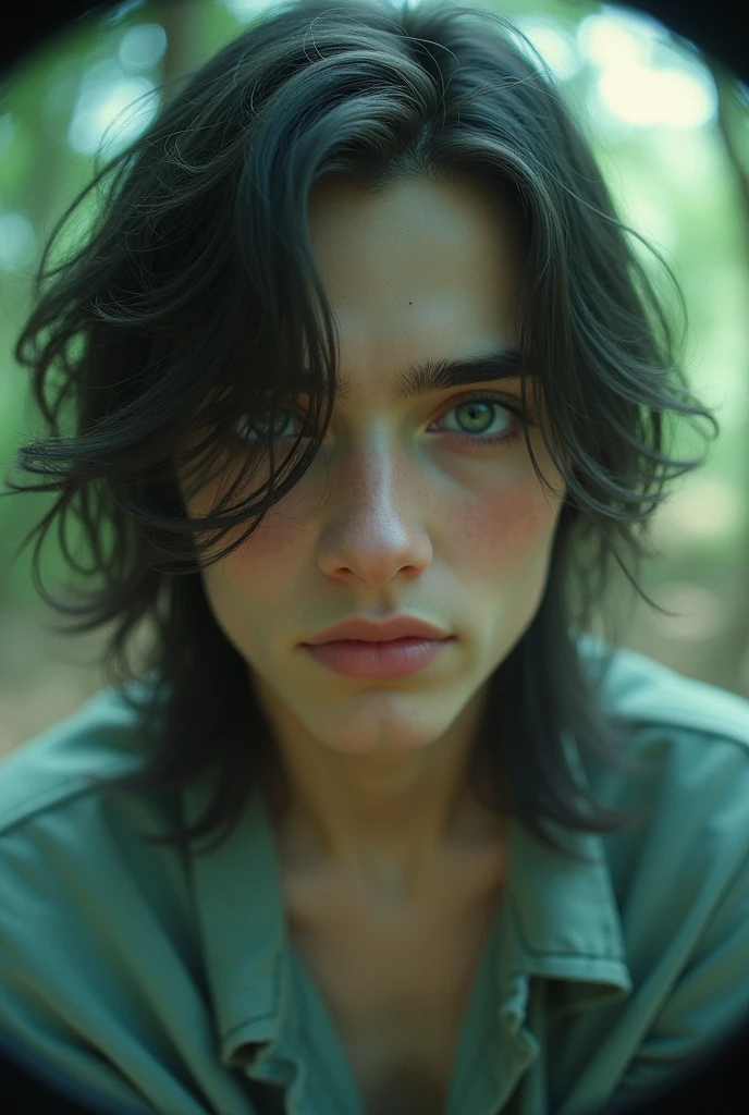 A beautiful young man , green eyes,long hair , 2, 

Fish Eye
