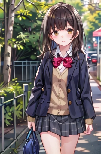 Ogiwara-san is sad, One girl, alone, school uniform, Long sleeve, Skirt Grey, blush, (Absurd), (High resolution), View your viewers, Walk in the park, (Very detailed CG ユニティ 8k 壁紙,masterpiece, Highest quality, Very detailed)