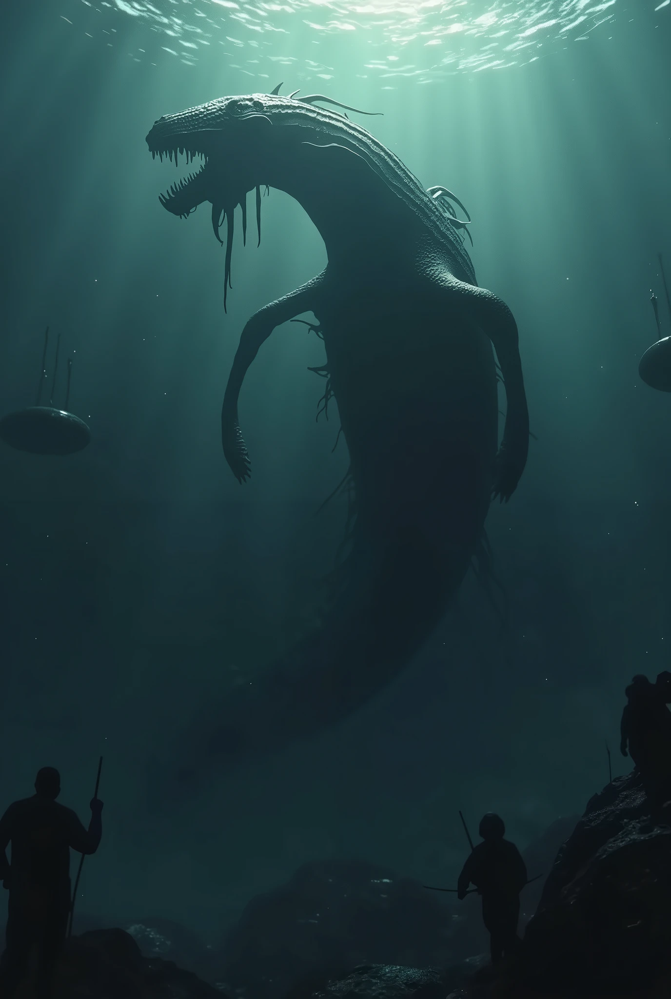 engine unreal, octane rendering,Describe a, mysterious sea creature known as the &#39;Eclipse Leviathan&#39;.&#39;The creature is over 100 meters long, and its body is composed of a dark, dark substance that appears to absorb light, making it nearly invisible in direct sunlight. Show the Leviathan emerging from the ocean floor, surrounded by darkness even during the day, with only faint glimmers of light reflecting off its nearly invisible form. The creature must have a, Indefinite form, resembling a mix between a giant snake and a whale, with shadow tentacles coming out of his body. The ocean around you must look menacing and scary., with evidence of lost ships and deep-sea creatures visible in the background, increasing the feeling of dread"