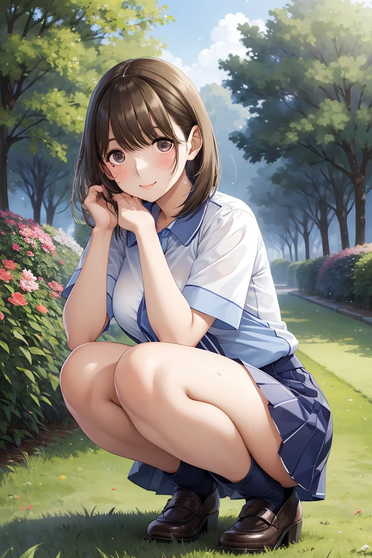 Depth、Focused, Photo_the background is blurred, Sleeveless, blush, tussock, Outdoors, Master Pieces, Best Quality,Detailed female genitalia、Hairless、sitting on a park bench with legs spread wide、A dark-haired、shorttwintail、Smirking smile