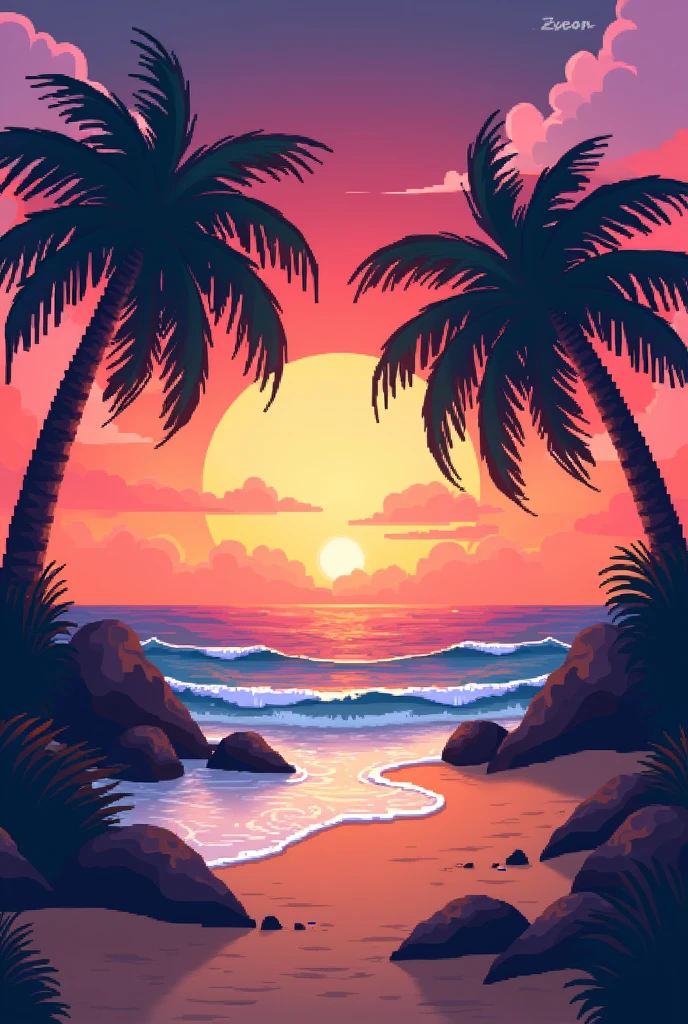 The pixelated beach scene with a vibrant orange and pink sunset, silhouetted palm trees swaying in the breeze is a beautiful and serene sight.