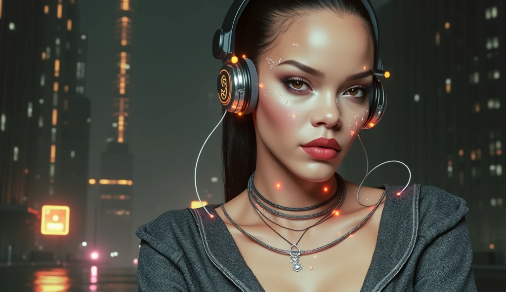 Rihanna look a like, glowing wires, headphone,  dark city, reflective puddles, neon signs,, Photorealistic, Hyperrealistic, Hyperdetailed, analog style, soft lighting, subsurface scattering, realistic, heavy shadow, masterpiece, best quality, ultra realistic, 8k, golden ratio, Intricate, High Detail, film photography, soft focus, RAW candid cinema, 16mm, color graded portra 400 film, remarkable color, ultra realistic,
