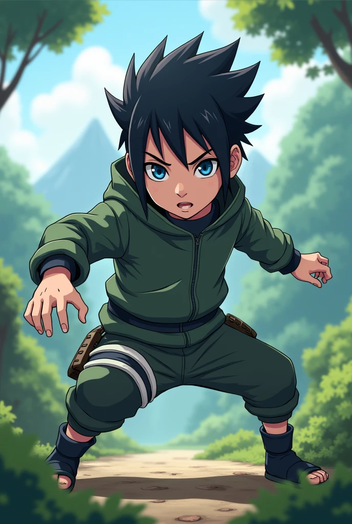 A Naruto character with black hair, blue colored eyes, ninja clothes, and is 2