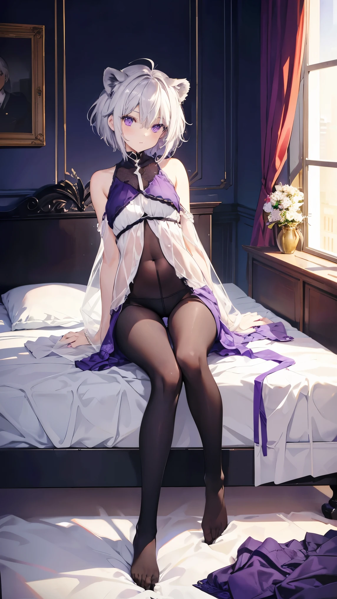 ,Highest quality,Silver Hair,Lion tail,Lion ears,Purple Eyes,Very short hair,Straight Hair,Flat breasts,Slanted Eyes,Full Body Tights,Bedroom,On the bed,slender,