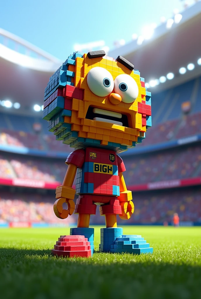Make Gumball from the Gumball series but made of Cubecraft and with the body of a human being and in the FC Barcelona stadium