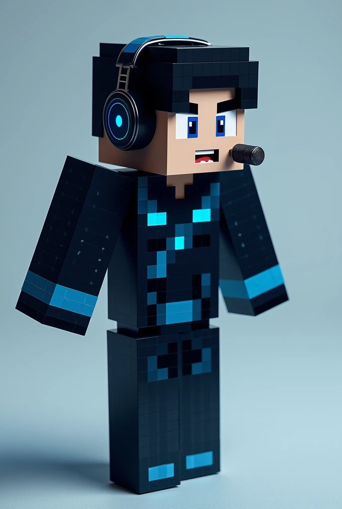 A Minecraft skin Blue and black color wearing black mike and headphone has black hair make in Minecraft file format so I can save