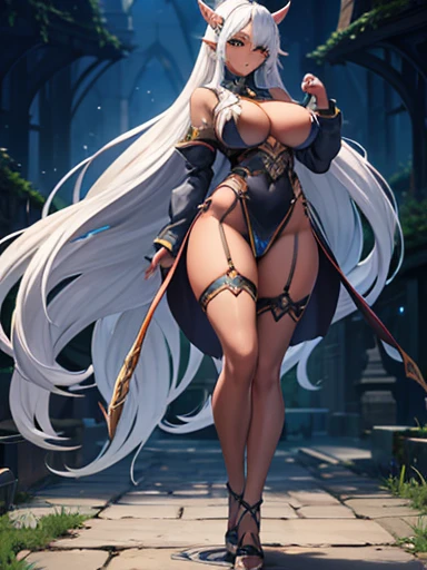 Dark-skinned elves with long silver hair and well endowed physically, big and heavy tits, slim waist, wide hips, big and shapely legs walking down the path 