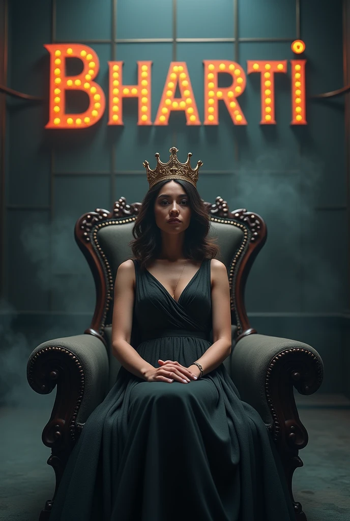 Create a realistic image where a woman wearing luxury normal dress and sitting on king size chair with crown 👑, she's crossed her hands, there is smoke in background a shadow. In background the name "Bharti" in big and bold letters is showing in bold reflection in shadows