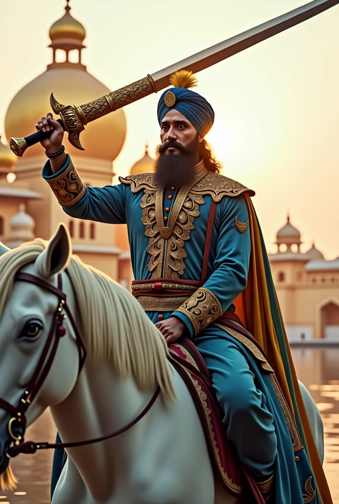 A majestic Sikh man, wearing intricately detailed blue warrior robes, sits atop a powerful white stallion. The robes are adorned with elaborate patterns and ornate designs, reflecting his noble and fearless character. He holds a gleaming golden scimitar high above his head, symbolizing strength and bravery. In the background, the sacred Golden Temple glows in the soft, golden light of dawn, its reflection shimmering in the surrounding waters. The scene is ultra-realistic and cinematic, capturing every detail with stunning clarity, from the texture of the man's beard to the fine stitching of his robes, and the proud stance of the stallion.