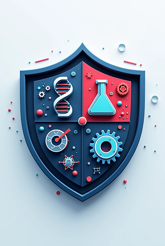 Science club logo, shield, with dna, gears, atom, and science experiment tube divided into four boxes 3d logo