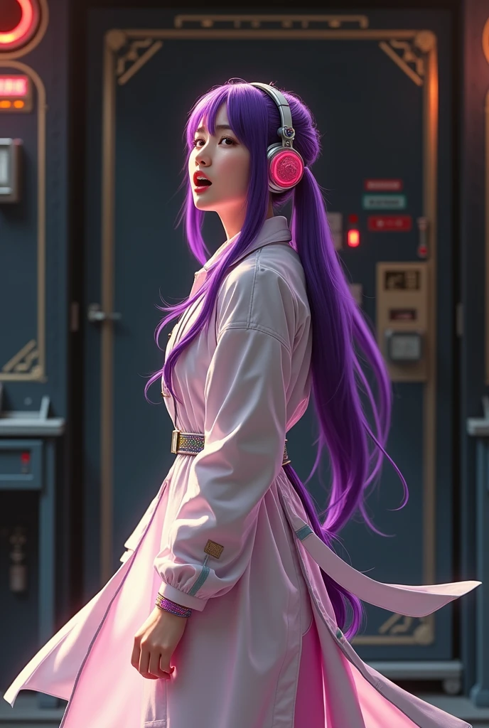 L Korean purple hair butterfly woman with headphone singing in laboratory with scientist outfit with scientist outfit long pigtail hair