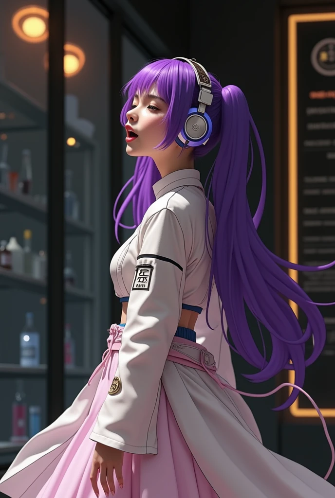 L Korean purple hair butterfly woman with headphone singing in laboratory with scientist outfit with scientist outfit long pigtail hair