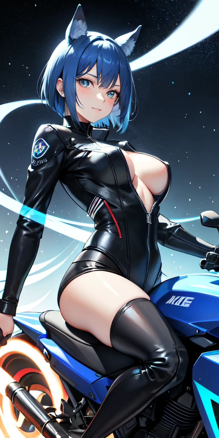 1 person,woman,Short bob hairstyle,Blue Hair,Blue Flame, Vortex of flames,wallpaper, Wind景,Depth of written boundary, night, Particles of light, light, Side light, Thighs,****, cloud,Gaze, Large Breasts, Golden Eyes, Horse ears, Bright smile,Open your mouth,Wind,Ride a blue motorcycle,vehicle,Driving,Straddle,Riders jacket,Riders pants,