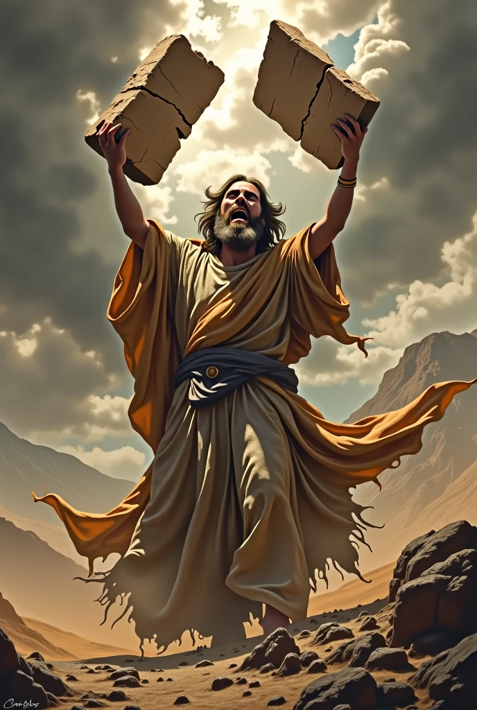 An intense scene on a desolate mountaintop, with Moses furious and agitated. He is in the act of breaking the tablets of the Ten Commandments, raising them above his head before slamming them down. The boards are in mid-air, about to break into pieces, with cracks already visible. Moses has an expression of anger and disappointment, with his ancient clothes fluttering in the wind. In the background, the sky is full of dark and threatening clouds, while the arid landscape around reinforces the