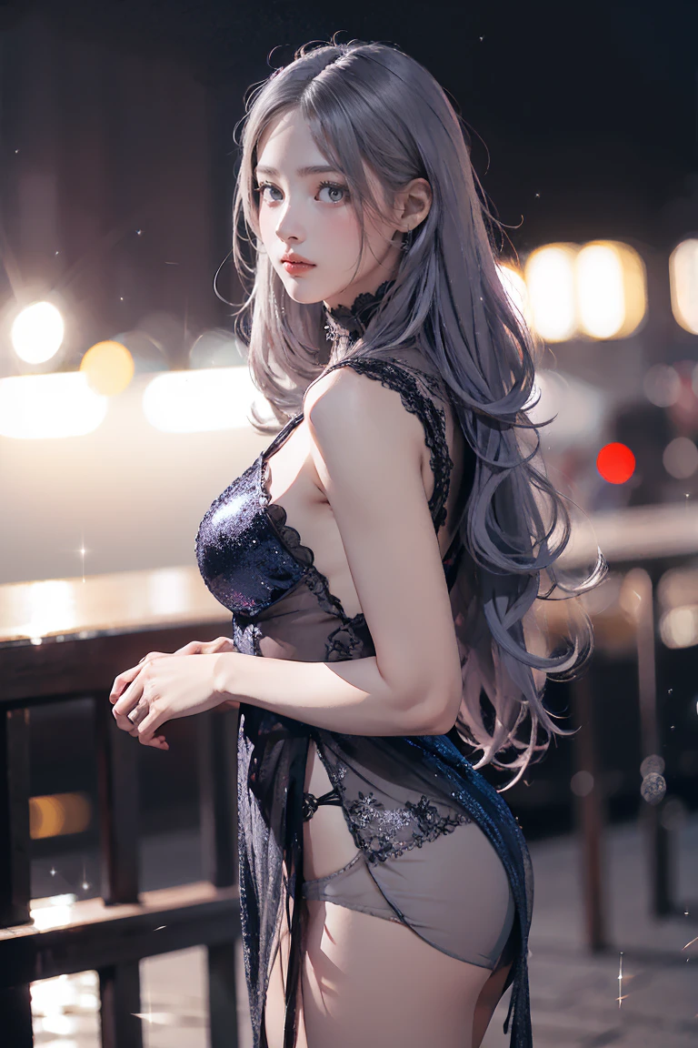 Highest quality, masterpiece, Ultra-high resolution, (Realistic:1.4), RAW Photos, Aesthetics and atmosphere, Dark Shot, Film Grain, Soft Focus, Bokeh, Night Shots, masterpiece realistic volumetric light,,One girl, Purple eyes, Gray Hair, Curly Hair, Grin, (freckles:0.8), thigh, Medium chest, Upper Body, (Sparkling:1.3) Sequined Mini CNS Dress, (panties),ray tracing reflection, Desert street, path, City lights, Beautiful sky, Relying on the wall, From the side,NSFW,Large Breasts, Small waist