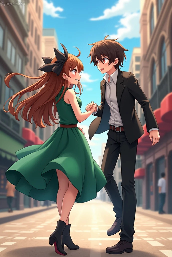 Anime style A viola player in a green dress in the middle a belt is. With a warm smile she moves rhythmically to the beat. Brown hair Clacking black bow heeled boots. On the street a vampire with big red eyes and sharp teeth runs over to her smiling, both blush at the sight of each other The vampire boy has wood brown hair and a black and white look in the middle of the city hustle and bustle