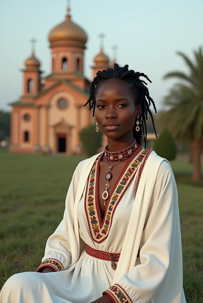 Create a photorealistic image of an Ethiopian woman wearing a traditional Habesha kemis. The dress should be ankle-length, made of white cotton fabric with intricate, colorful embroidery around the neck, wrists, and hem. Include a matching shawl draped over her shoulders. She is sitting infront of an Ethiopian Orthodox church The setting should be natural with good lighting.