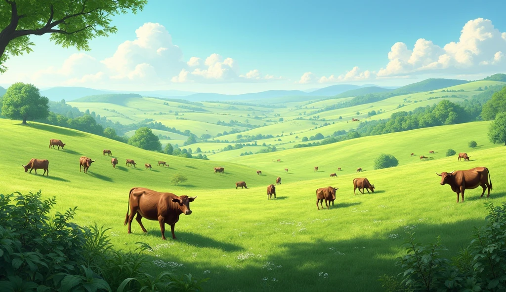 Create an image of a vast pasture with cattle roaming around. The pasture should have a green plantation with several cows and bulls eating and some just walking around. O estilo deve ser realista. The image must be in high resolution.
