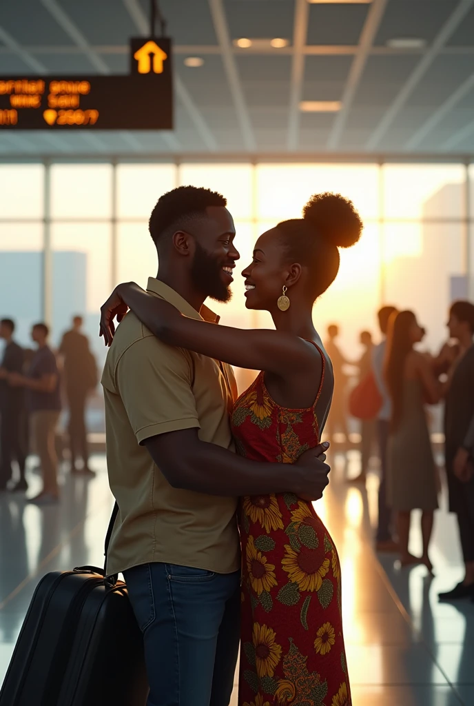 A picture of an African male and female hugging each other at the airport