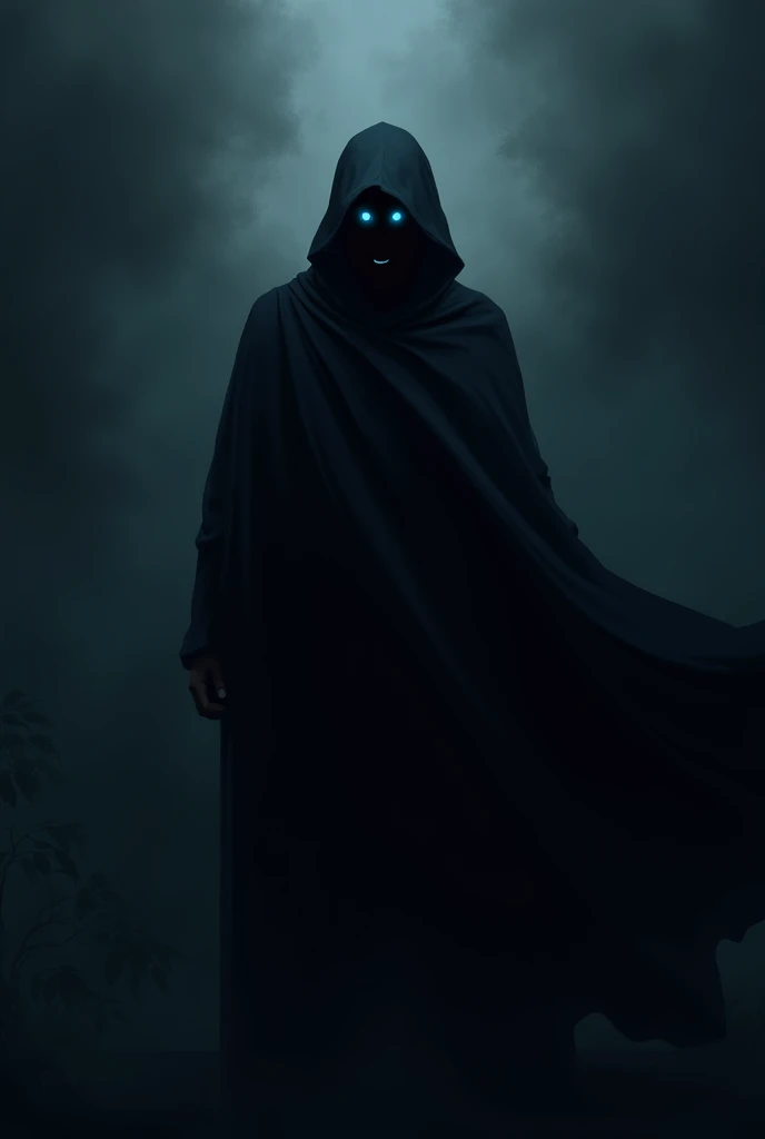 Man with a cape and hood, You can't see his face except for some very intense blue eyes., This man is in darkness