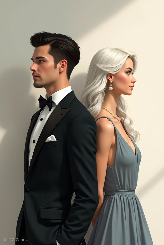 A handsome man with short black hair and a blank expression wearing a suit and a beautiful woman with long white hair and blue eyes