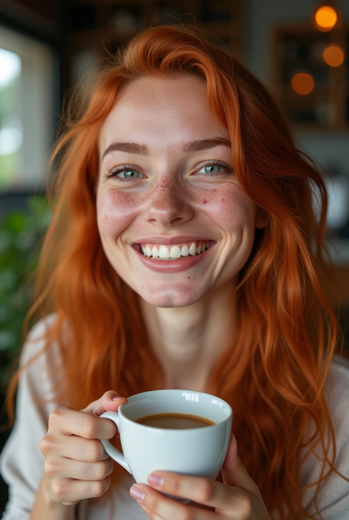 caucasian woman with wavy red hair, with cheerful smile , no make up, not a model, add skin texture, pimples , add natural light, in cafe drinking cofeecamera mark3