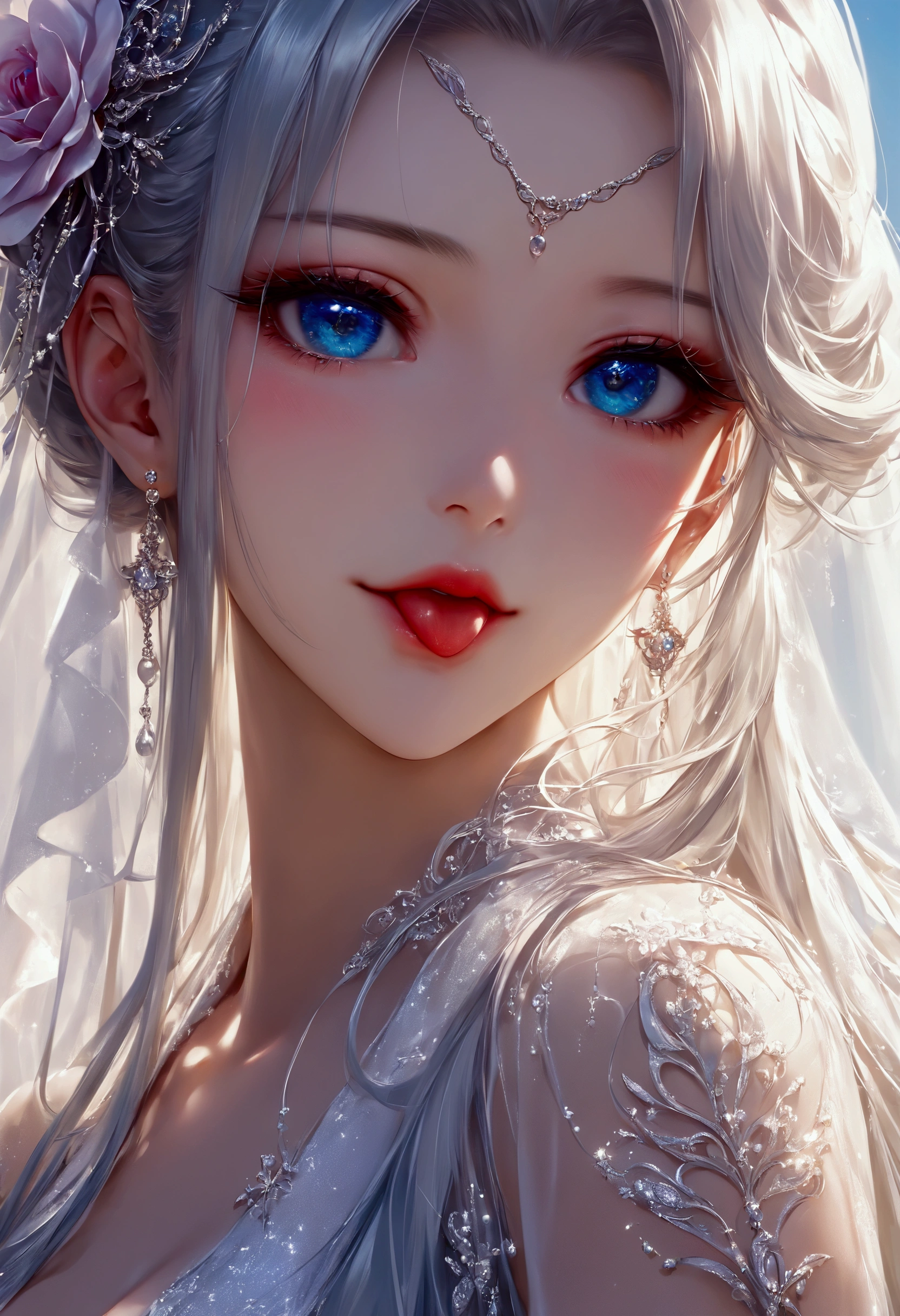 score_9, score_8_Excellent, score_7_Excellent,非常にbeautiful女性の顔,anime,Unreal beauty,Eyes that seem to be sucked in,beautiful化粧,One Point Tattoo,Sticking out tongue,(masterpiece, Highest quality, Highest quality, Official Art, beautiful,beautiful:1.2), (One person), Very detailed,Most detailed, Perfect Face,CG Association Hot Topics, 8K high resolution, Detailed Art,Silver Hair,High resolution decoration,Very long eyelashes,Perfect Eyes,Blue Eyes,Very detailedな顔