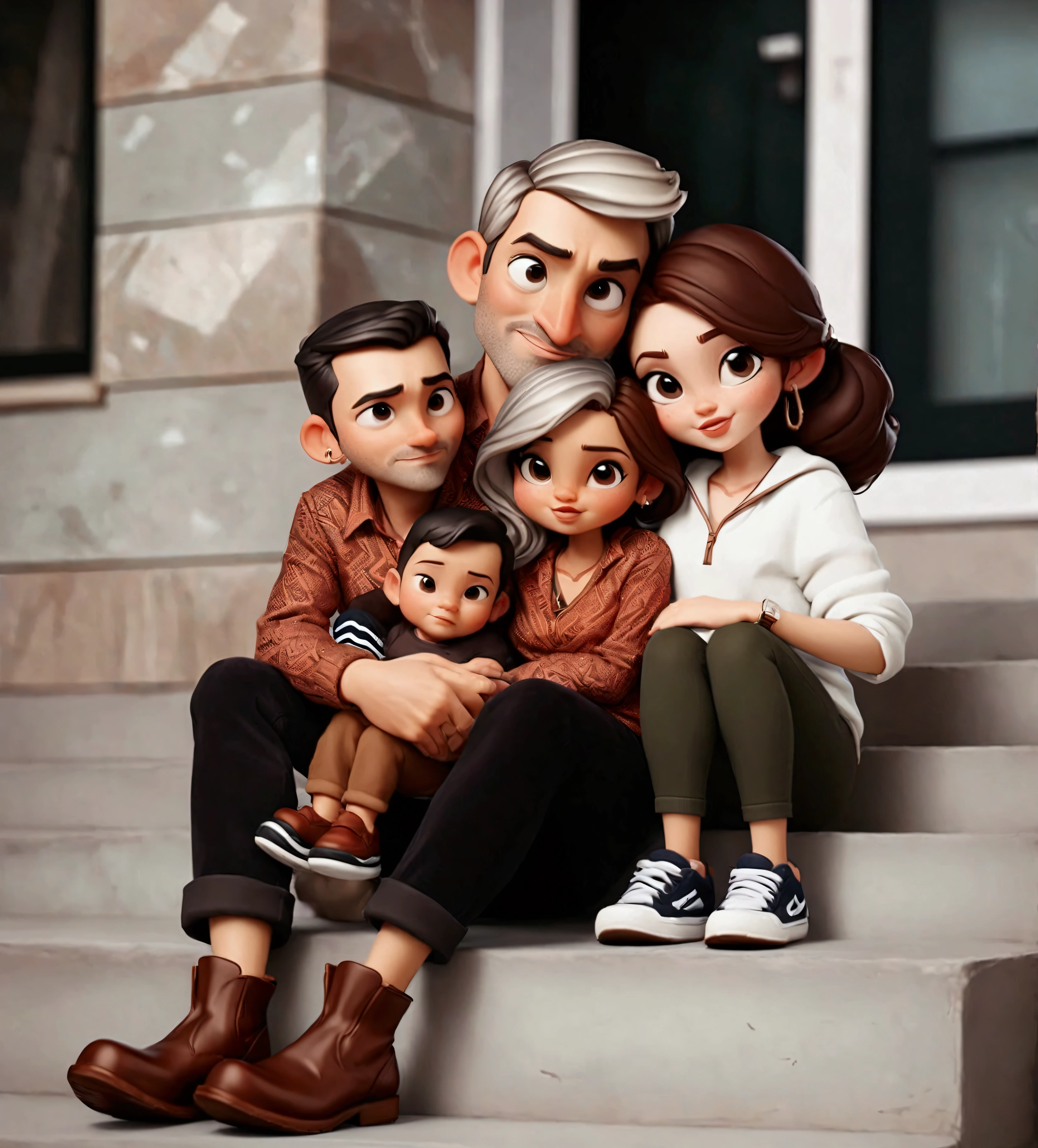 Cartoon One cute happy family together like a portrait(dad, mon, and baby). Which includes three people. There is the dad who is 30 years old, long straight black hair (make it in a bun), dark brown eyes, his characteristics reminds a native american, skin color is honey, and he will be wearing a navy blue t-shirt. There is the mom who is 2, has porcelain skin color, dark brown eyes, chest length curly dark brown hair, she will be wearing something casual but chic. And lastly there is the son, who is 3 months old and the dad and the mom will be holding him together for the portrait, the son has brown hair, dark brown eyes, ivory skin color. Make the portrait in a black background.