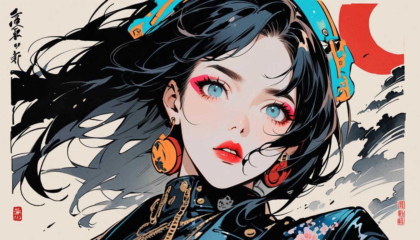 (((Ink Painting))), (((from above))), (((1 female))), (((Leather jacket with Japanese patterns))), (((punk))), (((Very flashy makeup))), Japanese style headphones, face close-up, front view, Japan人の美少女, Black Hair, Delicate and precise, Modern ukiyo-e style,Japan, Droopy eyes, round face, Glare, Fuller lips, vivid color