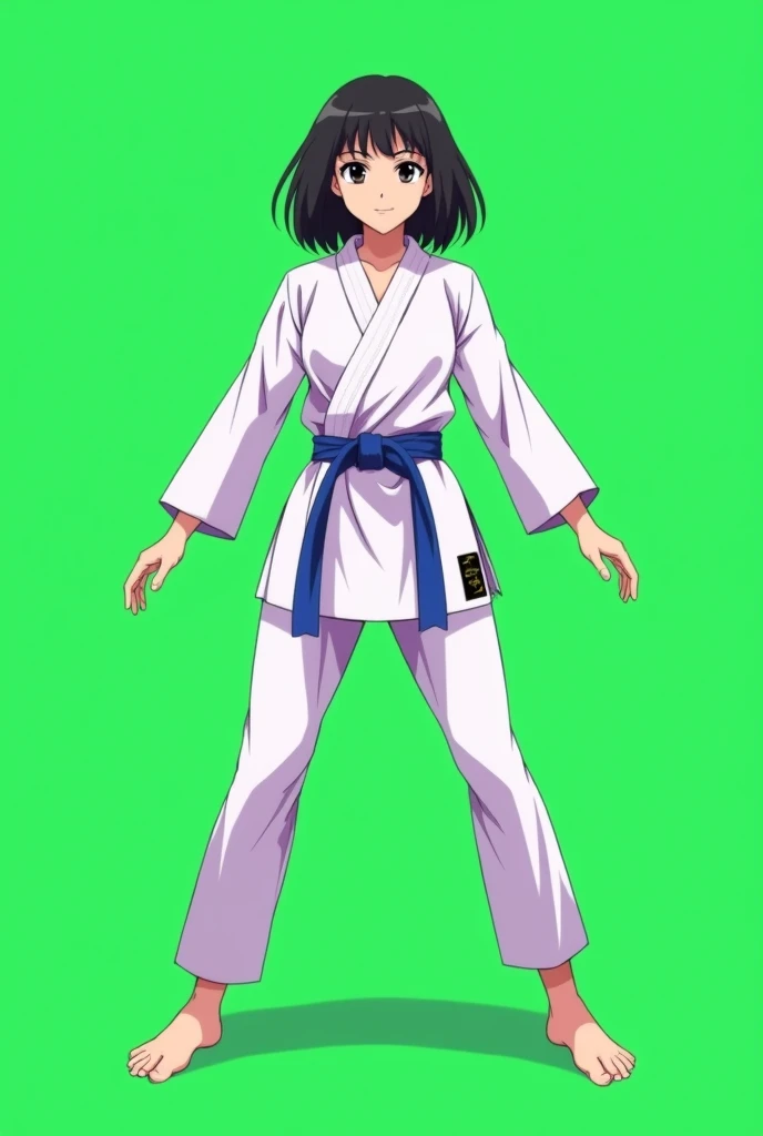 A karate teen girl in karate uniform in white dress and blue belt standing in straight Stance towards the screen and the background is green full screen size, in straight pose with straight arms and leg in anime style and arm strength towards down