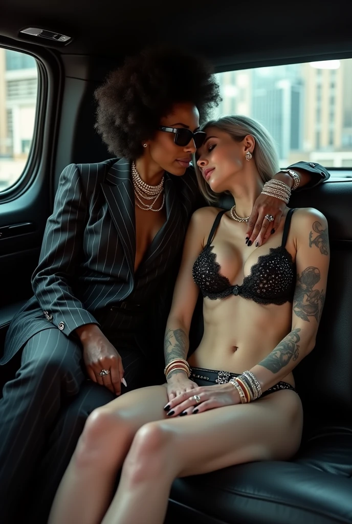 Two russian old milf women: the dominant aggressive dark skinned black woman in business pinstripe suit (jacket and trousers), long nails and afro hair, sitting on the center of the back seat of a limousine with possessive stance (arms around her girlfriends' shoulders squishing her tightly, groping the body of the white woman with her other hand, like a predator on her prey). Next to her, her white rich drunk girlfriend leaning over her (very pale: pale face, pale neck, pale chest, pale arms, pale hands, pale stomach, pale leg), white woman stretches her neck, looks overwhelmed by her girlfriend. white woman is shy and submissive, feeling dizzy and needy, seduced, in laid back posture spreading her leg with hands on her knee and bra, chin up stretching her neck, arched back, wide open legs. White woman dresses in rock chic style: Black shiny leather thong, grey hair (straight, middle part) and oversized square sunglasses as headband. Big lips. Black studded leather push up bra, silicone breasts. Barefoot.. Lots of thick wide studded bracelets in the wrists of the white woman, big pearl necklaces around the necks of the white woman, and big rings, Pearl earrings. Loose chins and around the hips of the white woman. White woman is lazy, leaning back and forward,mand arching her back.. The white woman is densely tattooed on neck, chest, arms, stomach, legs, wrists and feet. White woman havs well Toned abdominals, thin neck, slim legs and thin arms. Narrow hips. Full body. On the sofa of an expensive loft of NYC. Good illumination