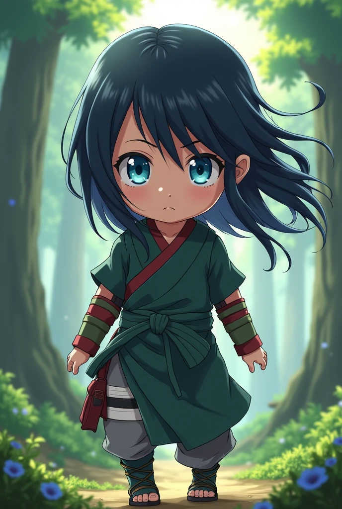 A Naruto character with black hair, blue colored eyes, ninja clothes, and is 2, Woman